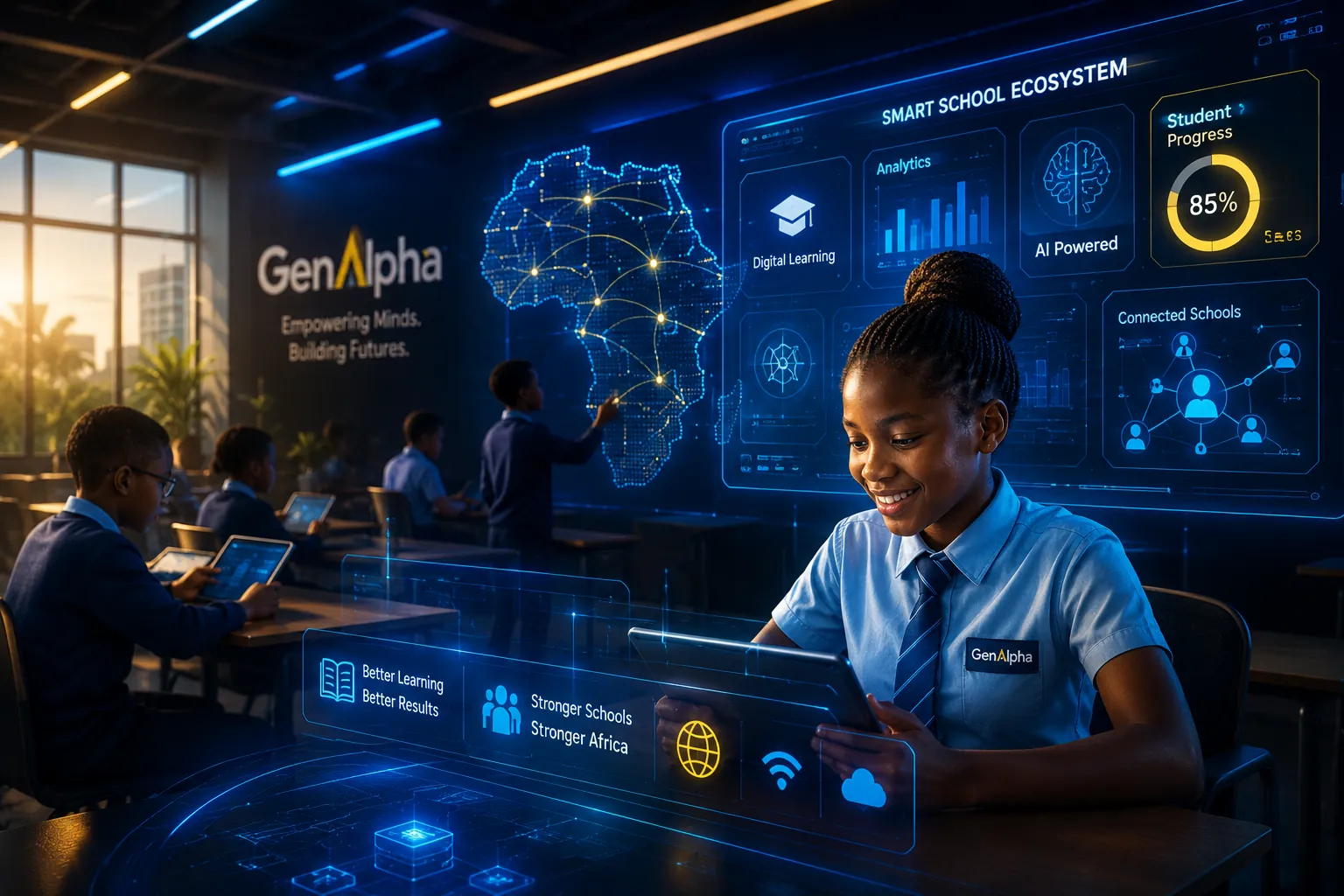 Futuristic African classroom with digital interfaces